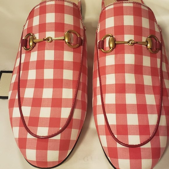 Gucci Princetown Red White Gingham Plaid Slide Loafer Mule Slipper Flat 38.5 - Picture 6 of 7